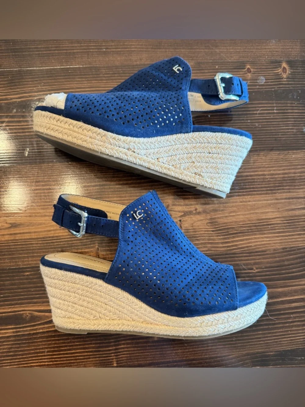 Liz Claiborne Navy Perforated Suede Espadrille Wedge Sandals Size 6.5